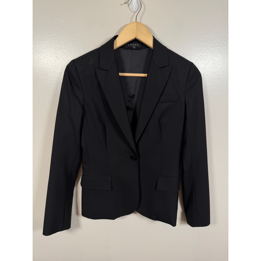 Theory Gabe B Blazer Size 2 Black Wool Blend Single Button Tailored Jacket